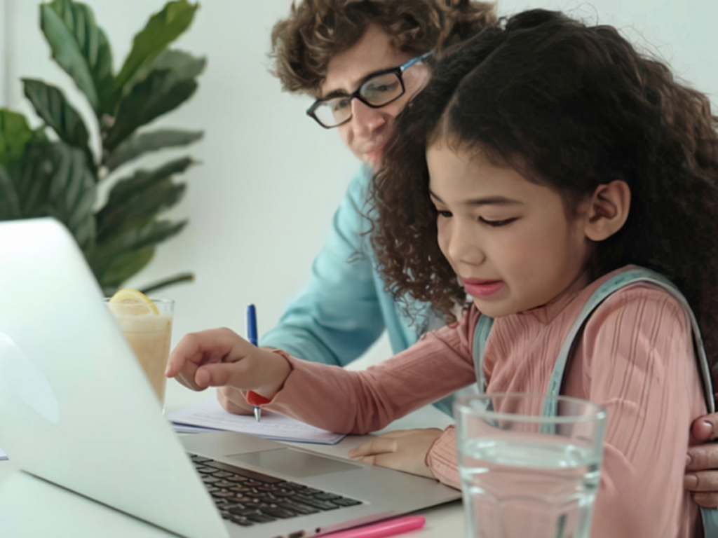 Vader en dochter zitten samen achter een laptop huiswerk te maken